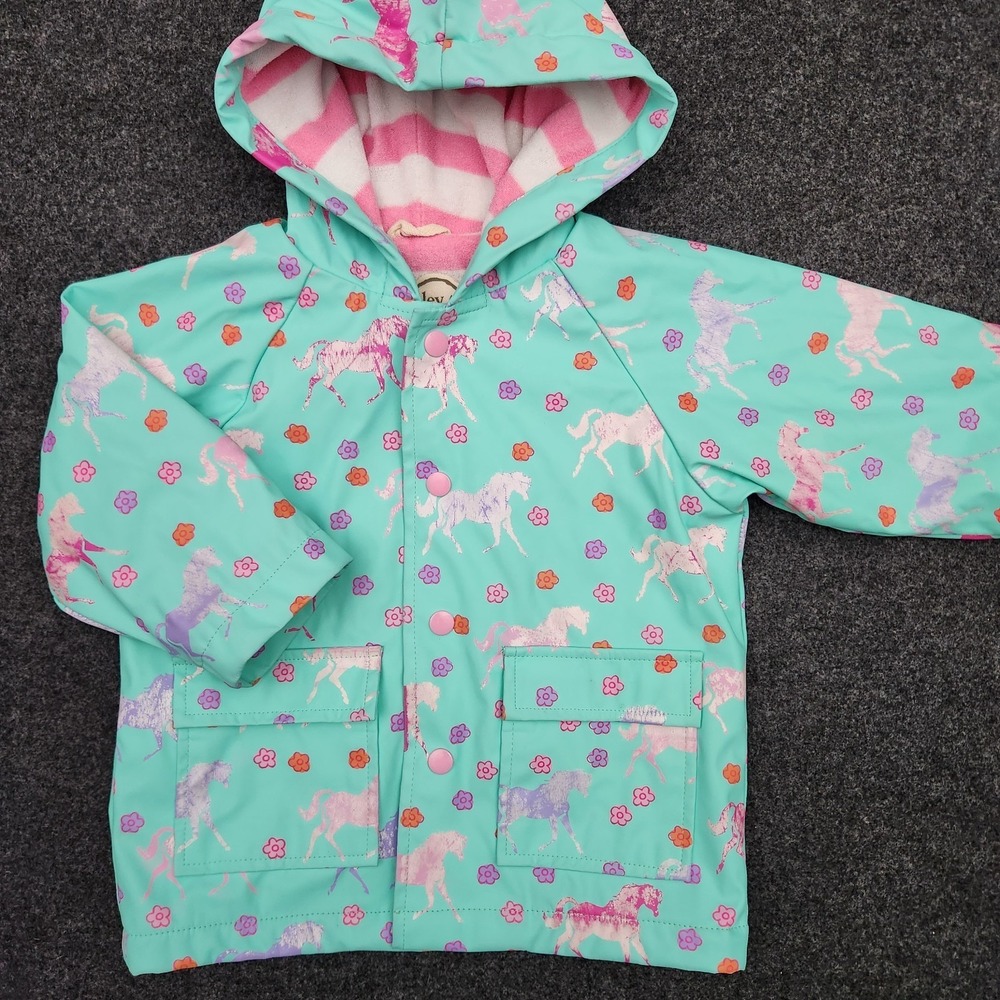 Hatley‎ Girls 18-24 Months Blue Horse Flower Snap Button-Up Rain Jacket Hooded